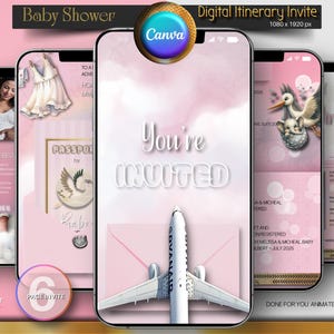 Convite personalizado para chá de bebê com passaporte para menina, rosa | Convite para chá de bebê com tema de aventura | Convite animado | Convite pronto para você