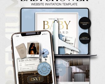 Blue Passport Baby Shower Invitation Template · Travel Baby Shower Website Invite · Editable Canva RSVP Invite · Boys Baby Shower. Airplane