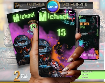 Invitación de cumpleaños de paintball, fiesta de paintball, plantilla editable de fiesta de cumpleaños, invitación de cumpleaños, invitación a fiesta de niños, descarga instantánea