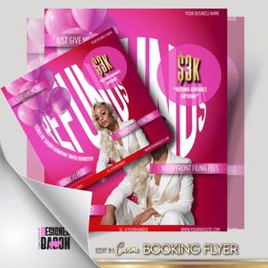 May include: Pink and magenta flyer with the word "REFUND" in large white letters. The flyer includes text such as "Refund Advance Options" and "No Upfront Filing Fees". A woman in a white suit is featured on the flyer. The flyer is labeled "Canva Booking Flyer".