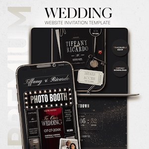 Modern Wedding invite | Interactive Wedding Website Template with RSVP | Photo Booth Black  Invite | Editable Canva FAQ | Digital Download
