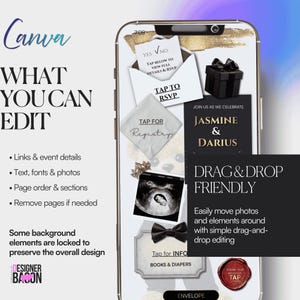 May include: A smartphone screen displays a wedding invitation design with the names Jasmine & Darius. The design includes editable elements, such as text, photos, and links. The Canva logo is visible, along with the text "Drag & Drop Friendly."