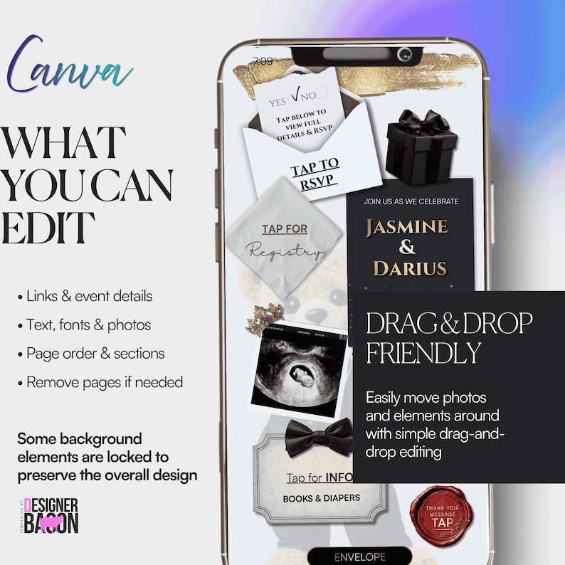 May include: A smartphone screen displays a wedding invitation design with the names Jasmine & Darius. The design includes editable elements, such as text, photos, and links. The Canva logo is visible, along with the text "Drag & Drop Friendly."