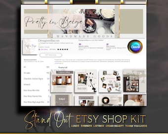 Könnte beinhalten: Ein beige-weißes Etsy-Shop-Kit mit dem Text "Stand Out Etsy Shop Kit" und "Logos Banner Listings Order Receipt Thank You Cards". Das Kit enthält vorgefertigte Vorlagen für Logos, Banner, Listings, Bestellbestätigungen und Dankeskarten. Das Kit wurde entwickelt, um Etsy-Verkäufern zu helfen, eine einheitliche Markenidentität zu schaffen.