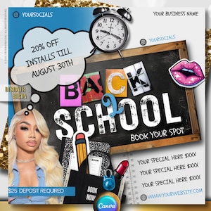 Back to School Booking Flyer,  Back 2 School, Editable Canva Template for Hair, Nails, Lashes, Makeup, August Promo, Instant Download