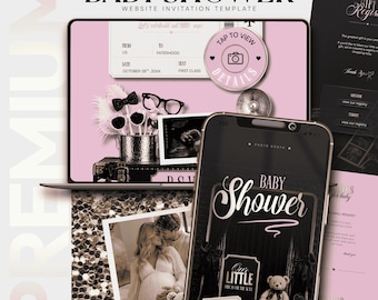 Baby Shower Website Template with RSVP | Photo Booth Glam Pink Black Invitation | Editable Canva Registry Countdown | Digital Download
