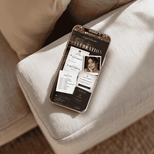 May include: A smartphone displaying a digital event invitation titled A Night to Remember The Celebration for Valentina Castillo. The screen shows event details, a timeline, location, and a photograph of a person, all set against a dark background.