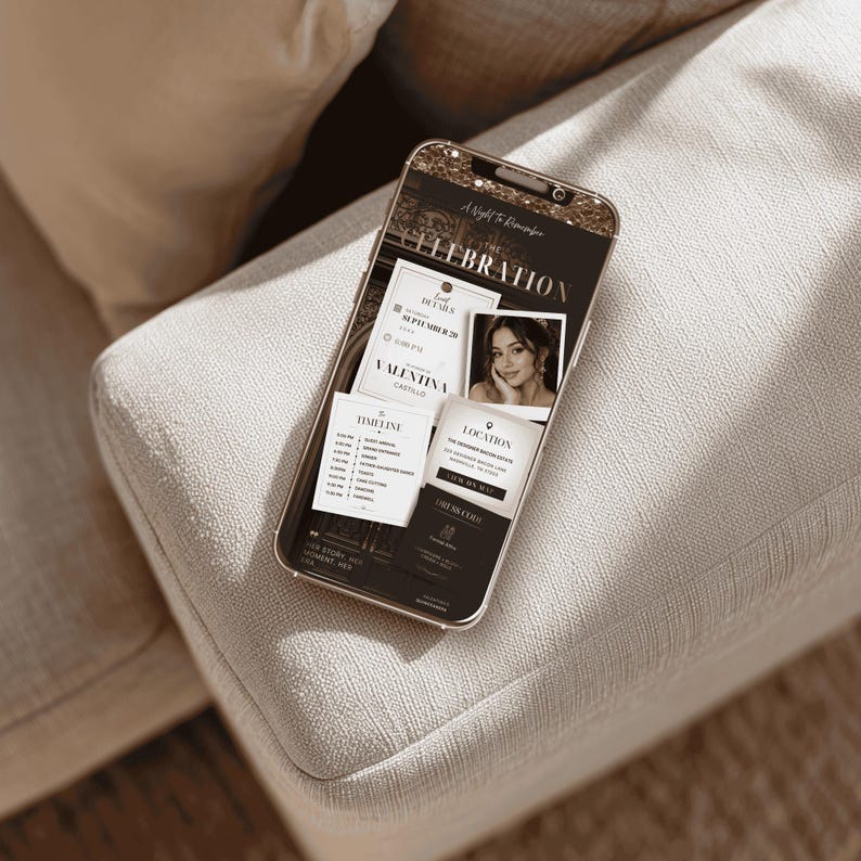 May include: A smartphone displaying a digital event invitation titled A Night to Remember The Celebration for Valentina Castillo. The screen shows event details, a timeline, location, and a photograph of a person, all set against a dark background.