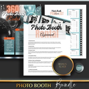 PHOTO BOOTH Contract, 360 Template Bundle, Rental Agreement Terms & Conditions, Price List, Invoice, Bonus flyer, Photo Booth Canva Template