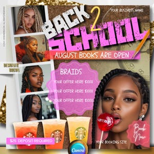 BACK 2 SCHOOL Buchung Flyer, Back to School, Flyer, August Bücher, Haare Buchung Flyer, Make-up, Haare, Wimpern, Nägel, DIY Canva Template