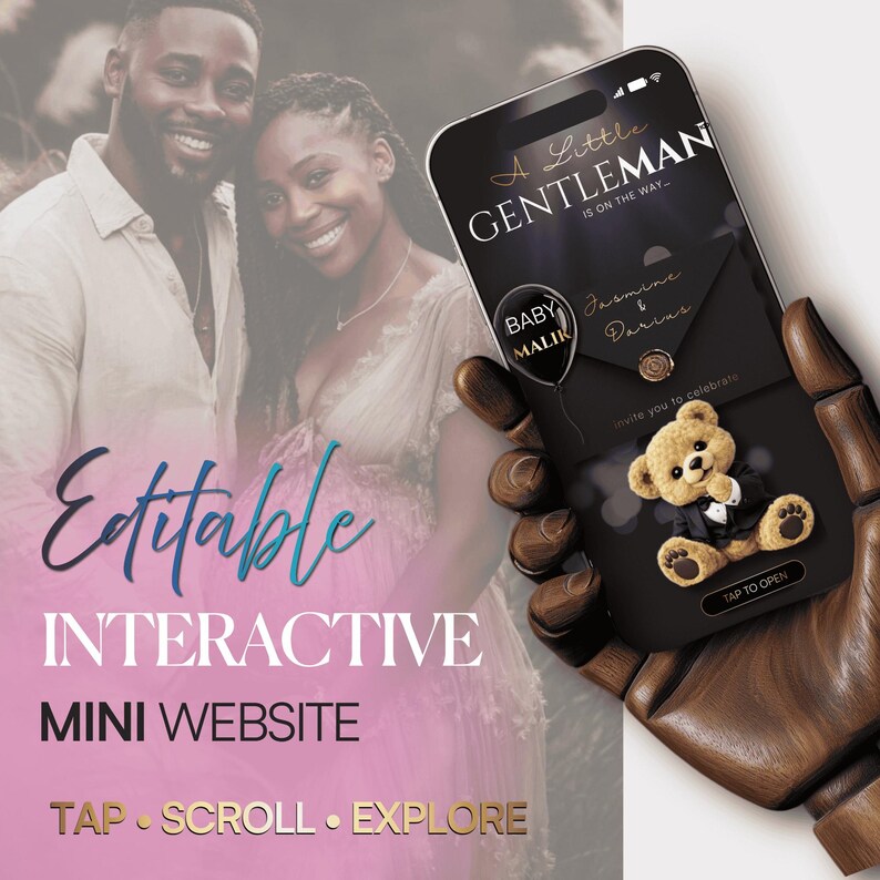 May include: A digital invitation on a smartphone screen with the text "A Little Gentleman is on the Way." The invitation features a teddy bear in a tuxedo and the names Jasmine & Darius. The background shows a couple smiling.