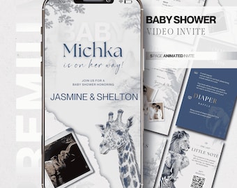 Blue TOILE  Safari Baby Shower Invitation • Chinoiserie Baby Shower Invite • Luxury Mobile Evite Template • Canva Baby Shower Video • Toile