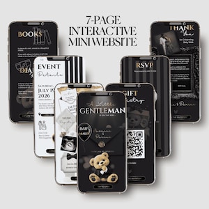 Luxury Teddy Bear Baby Shower Invitation, Interactive Canva Website Template, Little Gentleman Invite, Editable RSVP, Black Gold Baby Invite image 2