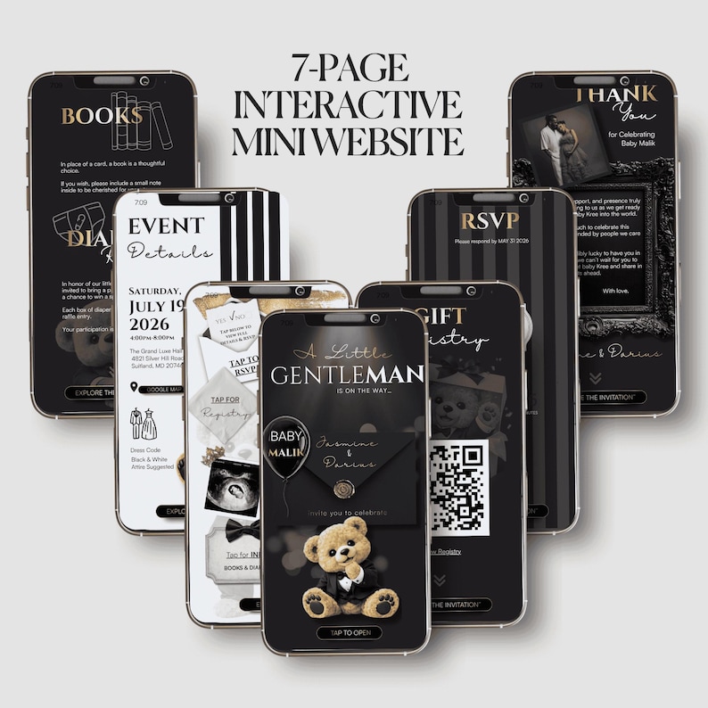 Luxury Teddy Bear Baby Shower Invitation, Interactive Canva Website Template, Little Gentleman Invite, Editable RSVP, Black Gold Baby Invite image 2