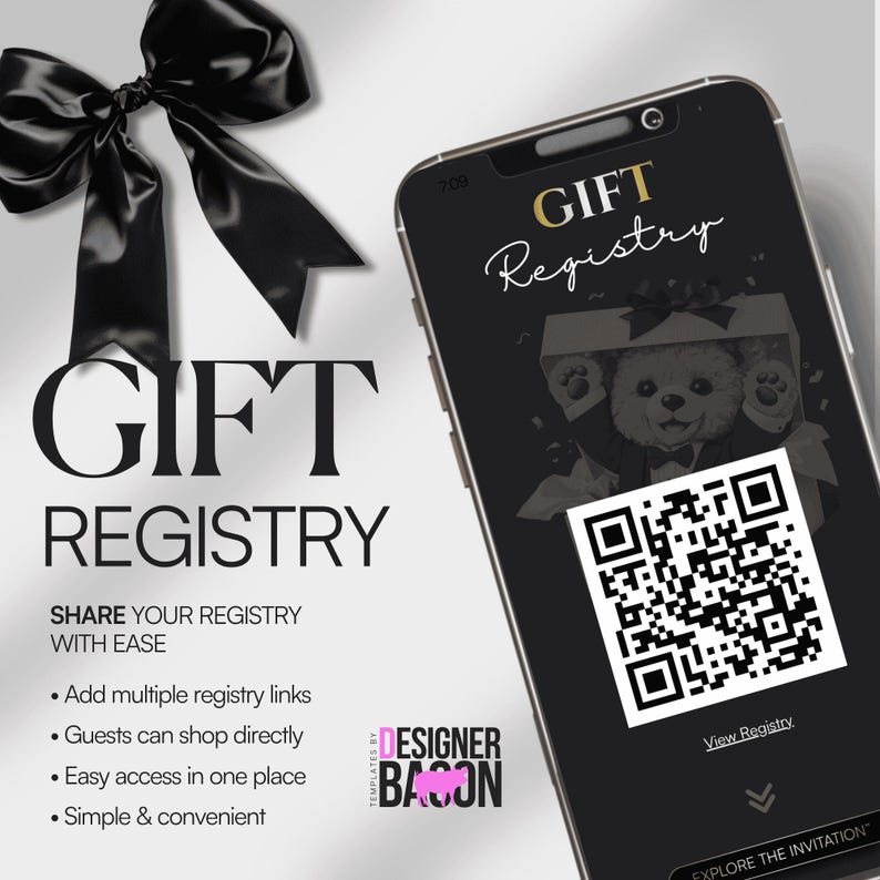 May include: A black and white graphic promoting a gift registry. The image features a smartphone displaying a gift registry interface with a QR code. Text includes "GIFT REGISTRY" and bullet points about ease of use.