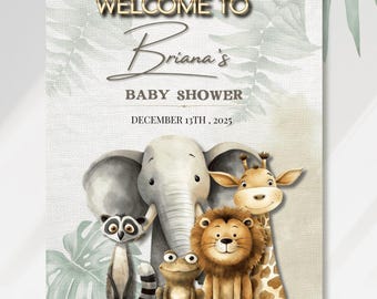 Safari Baby Shower Welcome Sign Template | Jungle Theme Party Decor | Editable Canva Printable | Wild One Baby Shower Sign | Safari Animals