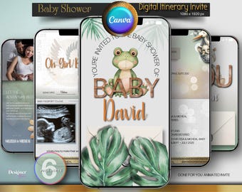 May include: A six-page digital invitation for a baby shower. The invitation features a green frog with a brown hat and the text "You're invited to the baby shower of Baby David".
