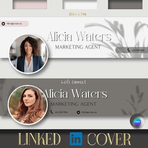 Pode incluir: Modelo de foto de capa do LinkedIn com fundo cinza e um círculo branco com uma foto de uma mulher. O texto "Alicia Waters" está em uma fonte grande e decorativa com as palavras "Marketing Agent" abaixo. O número de telefone "(23)-00-7800" está no canto superior direito. A seção inferior do modelo tem um fundo cinza com um círculo branco com uma foto de uma mulher. O texto "Let's connect" está em uma fonte menor acima do texto "Alicia Waters" em uma fonte grande e decorativa. As palavras "Marketing Agent" estão abaixo. O número de telefone "(23)-00-7800" está no canto inferior esquerdo. O texto "@designerhacon" está no canto inferior direito. O texto "LINKED in COVER" está em uma fonte grande e decorativa na parte inferior do modelo.
