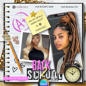 BACK 2 SCHOOL Buchung Flyer, Back to School, Flyer, August Bücher, Haare Buchung Flyer, Make-up, Haare, Wimpern, Nägel, DIY Canva Template