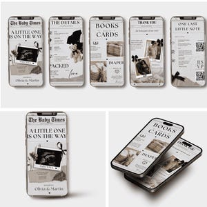 May include: A collection of smartphone cases with a newspaper-themed design. Each case features text and images related to a baby announcement, including the phrases "The Baby Times," "A Little One Is On The Way," and "Books Cards."