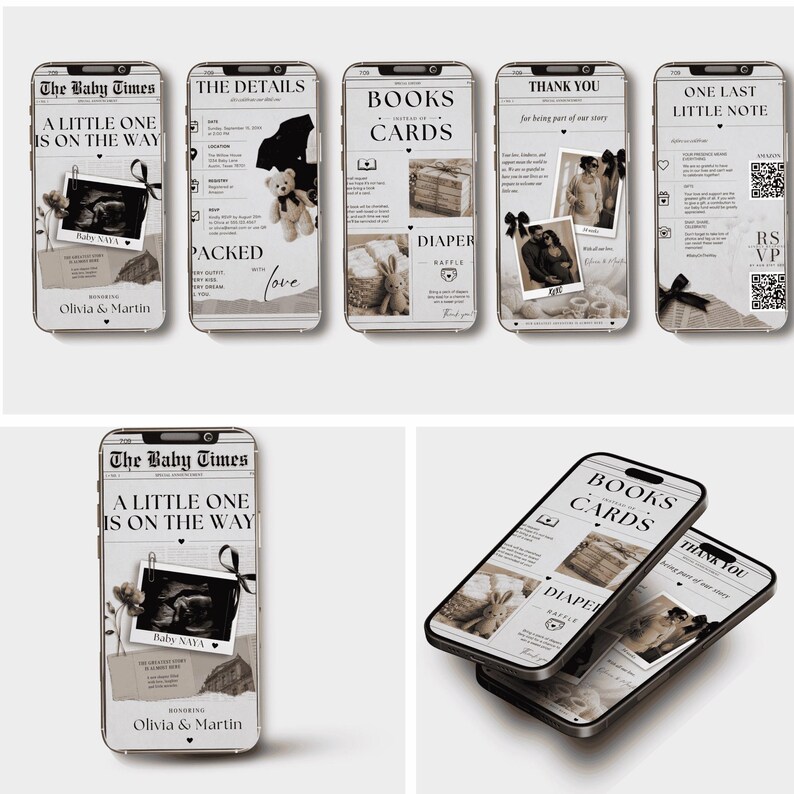 May include: A collection of smartphone cases with a newspaper-themed design. Each case features text and images related to a baby announcement, including the phrases "The Baby Times," "A Little One Is On The Way," and "Books Cards."