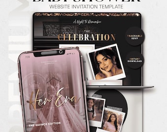 Luxury Quinceañera Newspaper Website Template • Editable Canva RSVP Website • Pink Gold XV Invite • Sweet 15 Digital Download