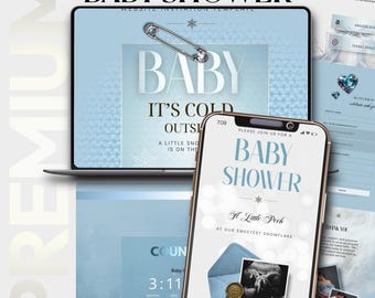 Blue Baby Shower Invitation Website | Baby It’s Cold Outside | Editable Canva Template Winter Digital Rsvp Tracking | Countdown | Baby Boy