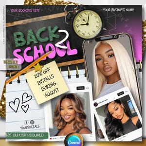BACK 2 SCHOOL Buchung Flyer, Back to School, Flyer, August Bücher, Haare Buchung Flyer, Make-up, Haare, Wimpern, Nägel, DIY Canva Template