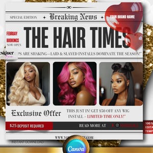 Folleto de cabello, folleto de periódico, plantilla de Instagram prefabricada de bricolaje, folleto de bricolaje, oferta de cabello, ofertas de paquetes, extensiones de peluca, estilista, Cavna editable