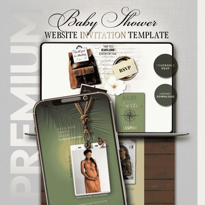 Könnte beinhalten: Eine digitale Babyparty-Einladungsvorlage, die auf einem Laptop und Smartphone angezeigt wird. Das Design enthält den Text "Baby Shower WEBSITE INVITATION TEMPLATE" und bietet RSVP- und Sofort-Download-Optionen. Das Smartphone zeigt ein Foto einer schwangeren Person.