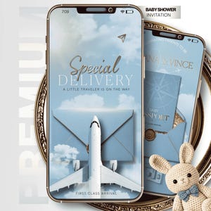 May include: A digital baby shower invitation displayed on two smartphones featuring a light blue sky background, a white aeroplane, and a blue envelope. The text reads Special Delivery, A Little Traveler Is On The Way, and First Class Arrival.
