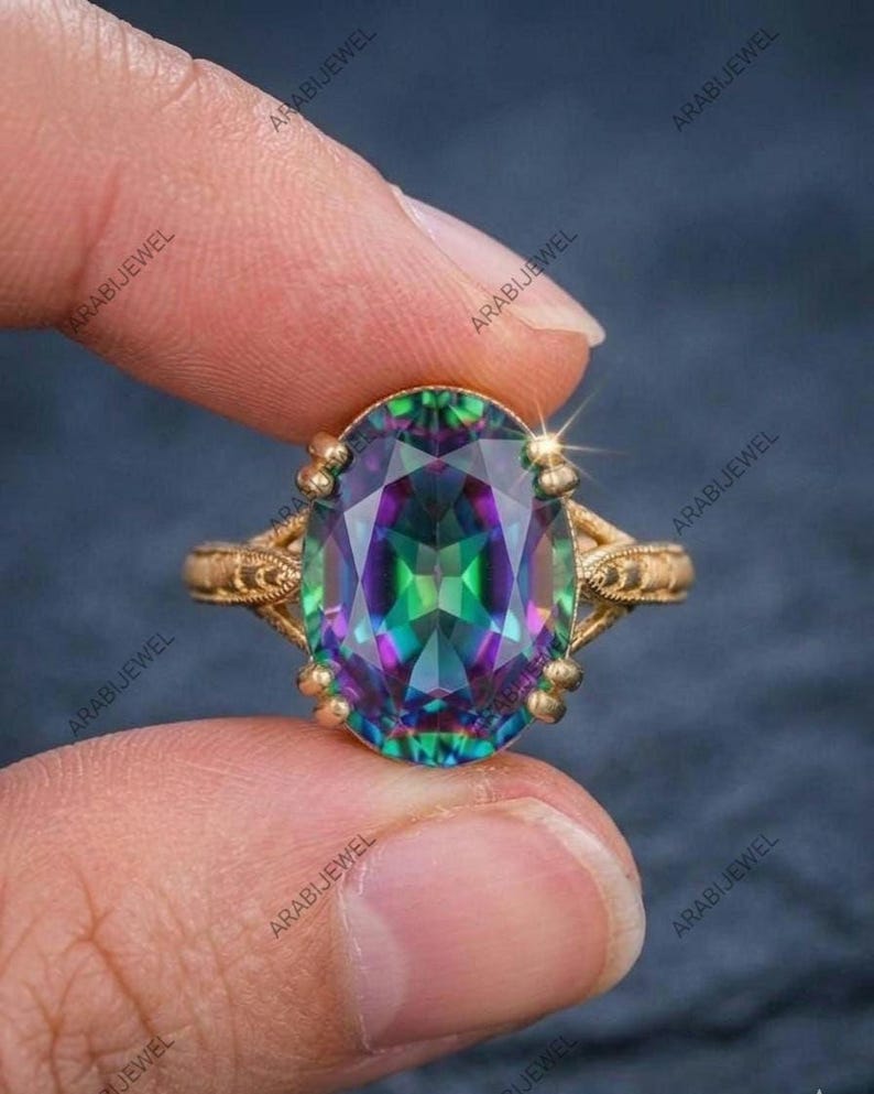 Filagree Ring Pattern Vintage Design Oval Mystic Topaz Ring, 925 Sterling Silver, Rainbow ...
