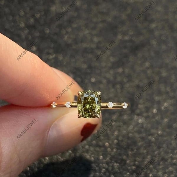 Olive Green Moissanite Ring Gorgeous Cushion Cut Olive Green Moissanite Ring 925 Sterling Silver Ring Engagement Wedding Gift For Her