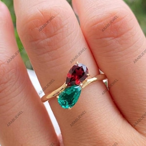 Smaragd- och röd granatring, 925 sterlingsilverring, päronslipad tvåstensring, Toi et Moi-ring Presentring till henne