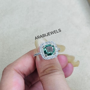 Mint Green Tourmaline Ring: Cushion Cut Halo, Sterling Silver Engagement