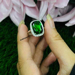 Cushion Cut Lab Emerald Ring: Vintage Style Sterling Silver, Anniversary Engagement
