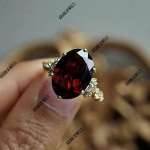 Bague vintage ovale rouge grenat : argent sterling 925, accents de diamants américains