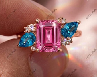 Vintage roze toermalijn en blauwe topaas ring 925 sterlingzilver smaragdgroen geslepen groenblauw roze toermalijn en peer geslepen ring met blauwe topaas cadeau voor haar