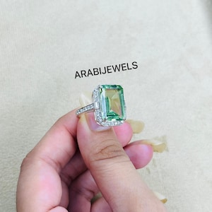 Emerald Cut Mint Green Tourmaline Ring: 925 Sterling Silver, American Diamond Accents