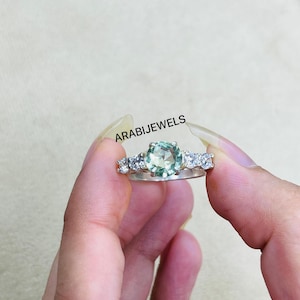 Round Cut Mint Green Tourmaline Ring With Beautiful Round Accent 925 Sterling Silver Mint Green Tourmaline Ring Engagement Wedding Ring