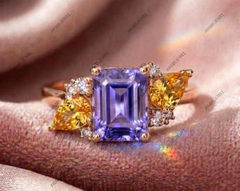 Vintage ring met lavendel saffier en gele saffier 925 sterlingzilveren ring met smaragd geslepen lavendel saffier en peer geslepen gele saffier ring