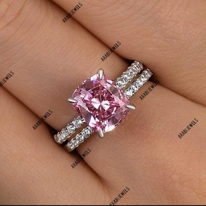 Pink Moissanite Ring: Cushion Cut Double Halo, 925 Sterling Silver