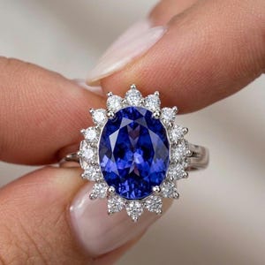 Tansanitring im Ovalschliff, 925er Sterlingsilber, Halo-Design, amerikanischer Diamantakzent