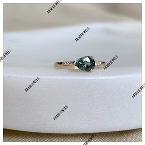 Pear Cut Teal Sapphire Ring: Sterling Silver Engagement Ring