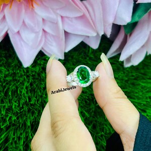 Oval Lab Emerald Engagement Ring: Sterling Silver Three-Stone