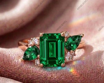Handmade Tsavorite Garnet & Emerald Stone Ring Emerald CutAnd Pear Cut Gemstone Ring 925Sterling Silver Jewelry Engagement Ring Gift For Her