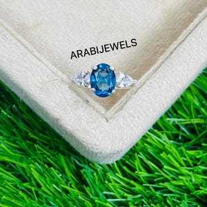 Blue Spinel Engagement Ring: Sterling Silver Three Stone Oval Ring