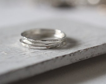 Trio Sterling Silver Stacking Ring SET of Three Mix and Match Minimalist Notched Hammered Wide Lightly Stackable Gift