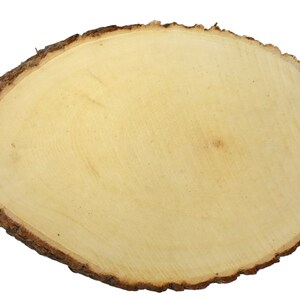 May include: Oval-shaped wooden slab with a light tan center and a dark brown, textured bark edge. The wood grain is visible, showing concentric rings. This natural wood slice is suitable for various craft and decorative projects.