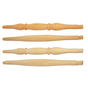 May include: Four unfinished wooden spindles arranged horizontally. Two spindles feature a decorative turned design with central bulbs and rings, while the other two have a smooth, tapered cylindrical shape with visible natural wood grain patterns.